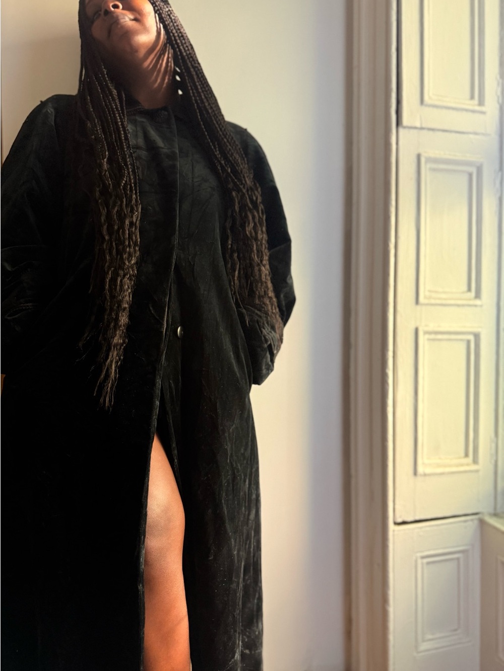 Vintage Portrait Black Cotton Velvet Maxi Coat Embroidered Long Jacket